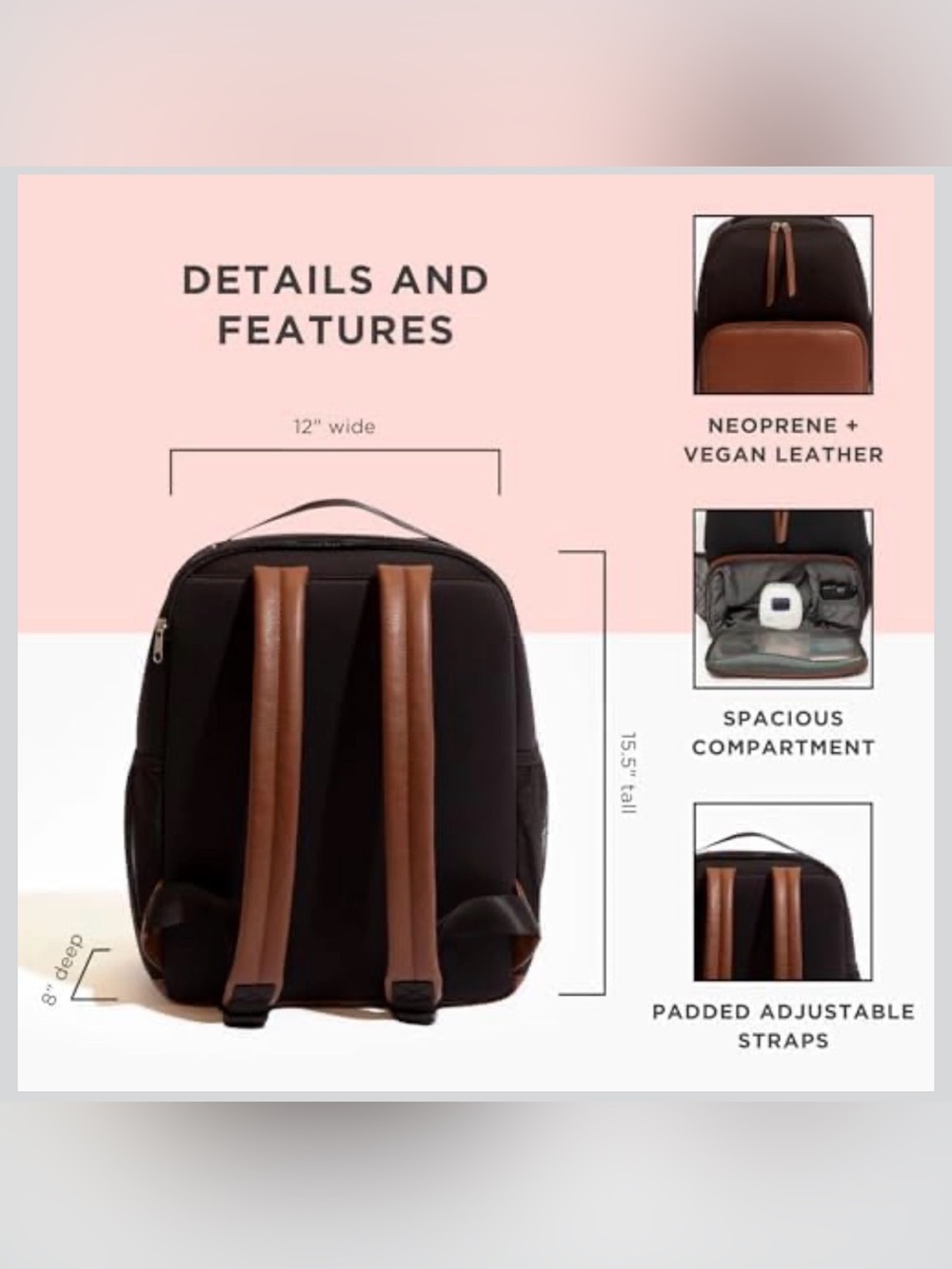 Freshly Picked Black Neoprene and Brown Vegan Leather Mom Travel Backpack - Picture 13 of 14